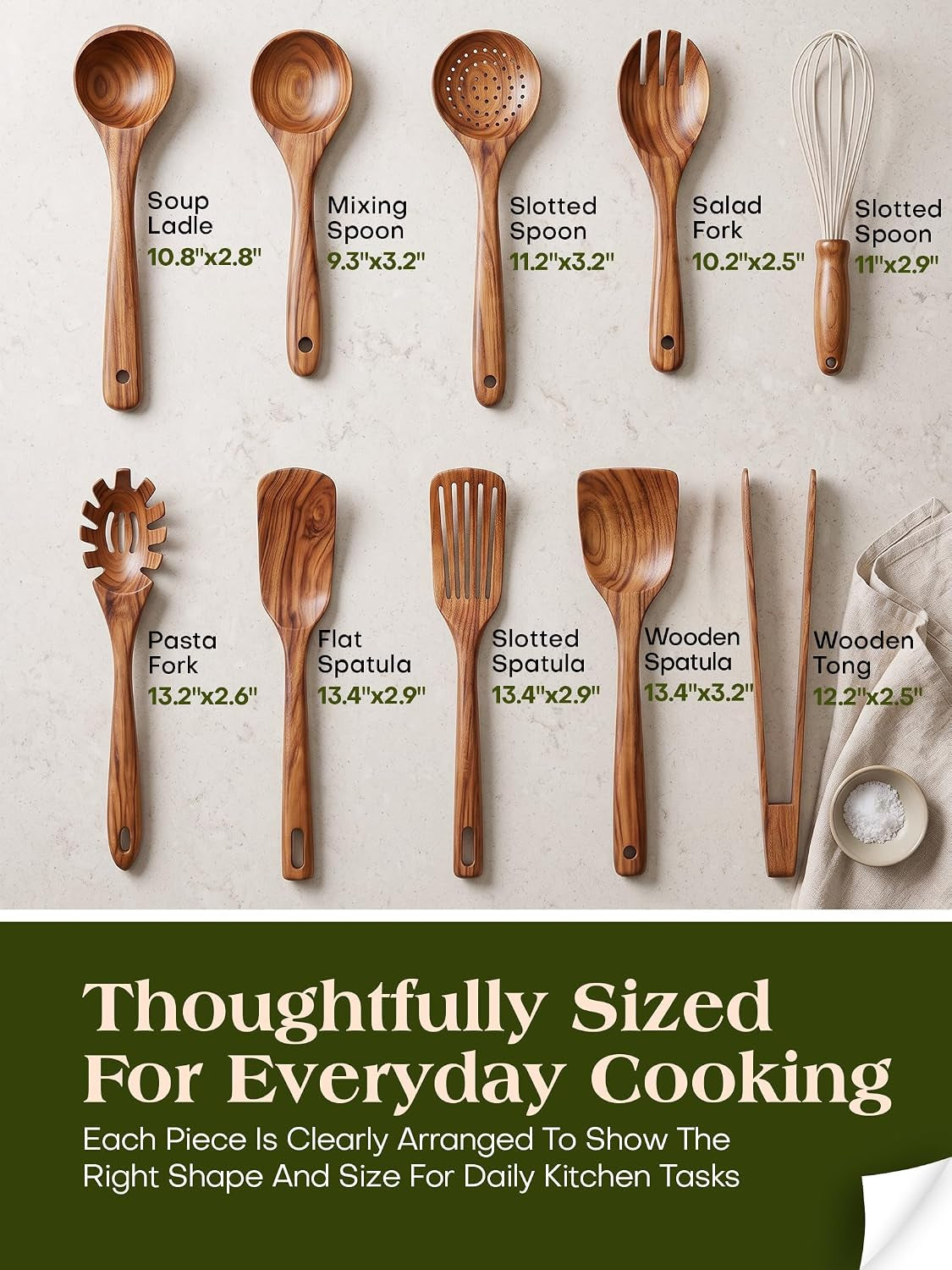 Premium 10-Piece Teak Wood Kitchen Utensil Set - Heat-Resistant, Nonstick Cooking Tools Including Spoons, Spatula, Ladle, Tongs, and Egg Whisk