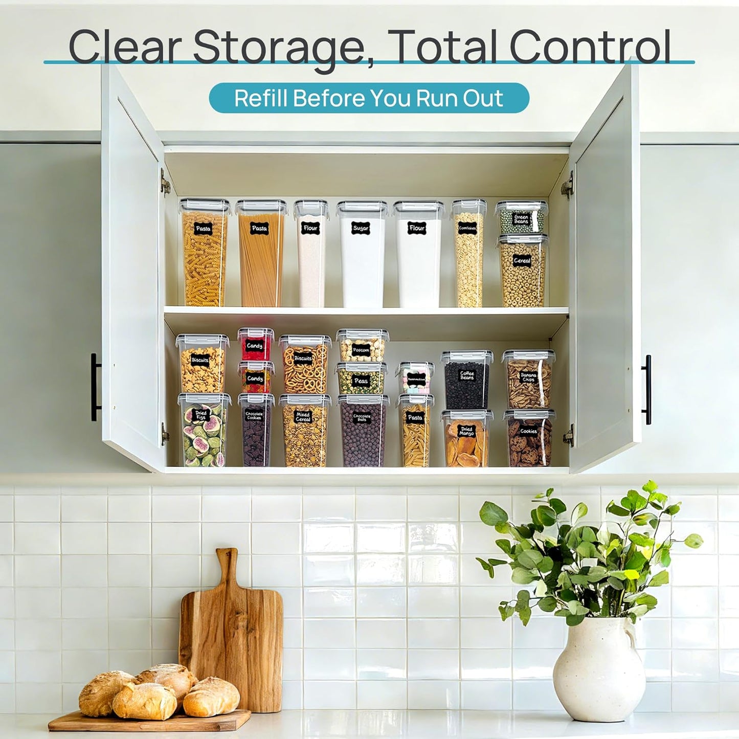 24-Piece Airtight Food Storage Container Set - BPA Free, Multiple Sizes for Cereal, Pasta, Snacks & More, Includes 24 Labels, Dishwasher Safe (Lids Not Included) - Sleek Black Design