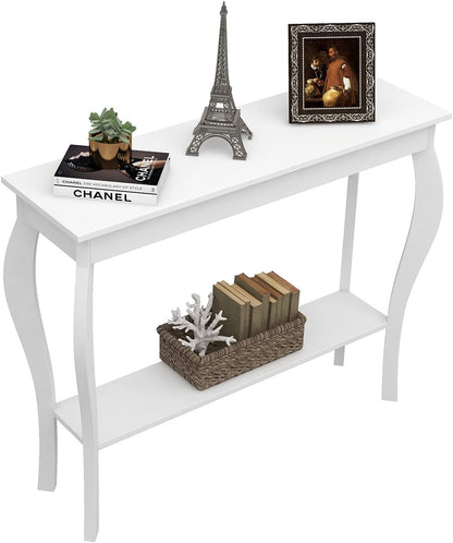 Elegant 39" White Narrow Entryway Table with Storage Shelf - Chic Console Table with Curved Legs for Living Room, Hallway, and Entryway