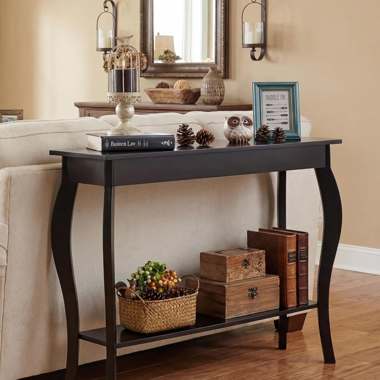 Stylish 39" Black Narrow Entryway Table with Storage Shelf - Elegant Console Table with Curved Legs for Living Room, Hallway, and Entryway