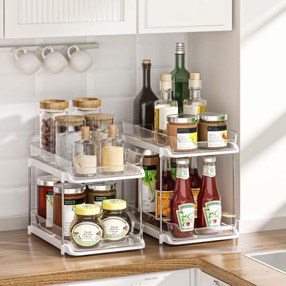 Maximize Your Space with 2-Pack 2-Tier Multi-Purpose Under Sink Organizers - Stackable Kitchen & Bathroom Storage with Pull-Out Design and Adjustable Dividers, White