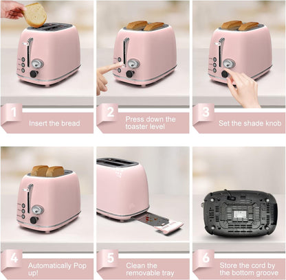 Chic Baby Pink Retro 2-Slice Toaster - 6 Settings, Extra Wide Slots, Bagel/Defrost/Cancel Functions, Removable Crumb Tray