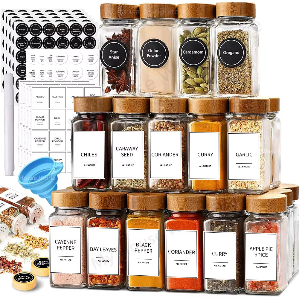 Stylish 13-Piece Glass Spice Jar Set with Bamboo Lids - 4oz Seasoning Organizers for a Neat Spice Rack