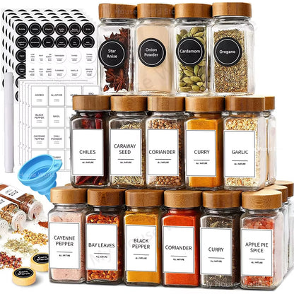 Stylish 13-Piece Glass Spice Jar Set with Bamboo Lids - 4oz Seasoning Organizers for a Neat Spice Rack