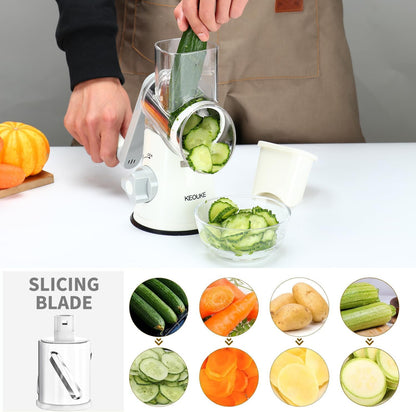 Premium Rotary Cheese Grater - Hand Crank Shredder with Non-Slip Suction Base & 3 Blades for Fresh Cheese, Vegetables, and Nuts - Sleek White Design