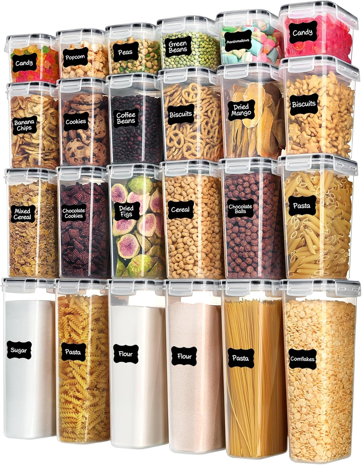 24-Piece Airtight Food Storage Container Set - BPA Free, Multiple Sizes for Cereal, Pasta, Snacks & More, Includes 24 Labels, Dishwasher Safe (Lids Not Included) - Sleek Black Design
