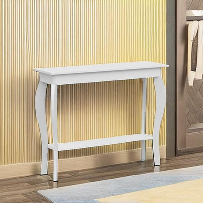 Elegant 39" White Narrow Entryway Table with Storage Shelf - Chic Console Table with Curved Legs for Living Room, Hallway, and Entryway