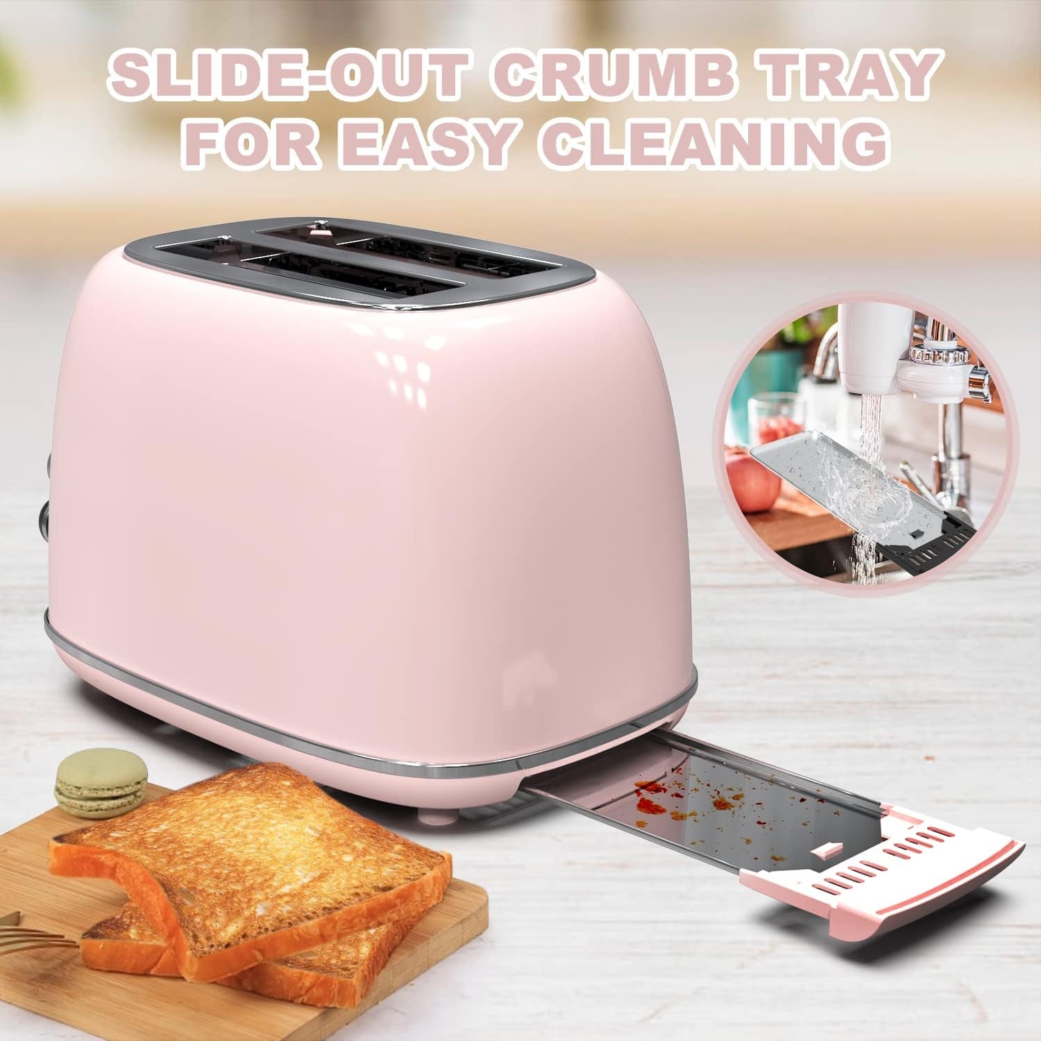 Chic Baby Pink Retro 2-Slice Toaster - 6 Settings, Extra Wide Slots, Bagel/Defrost/Cancel Functions, Removable Crumb Tray