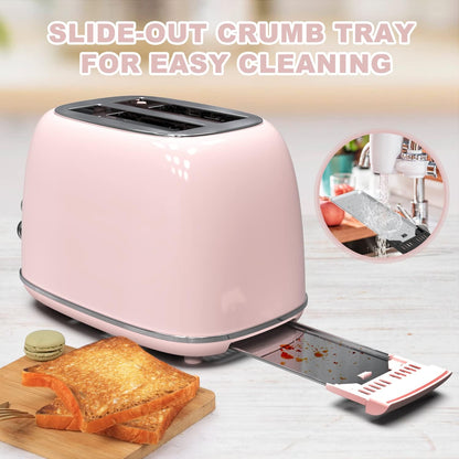 Chic Baby Pink Retro 2-Slice Toaster - 6 Settings, Extra Wide Slots, Bagel/Defrost/Cancel Functions, Removable Crumb Tray
