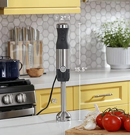 GE Immersion Blender - Versatile Handheld Blender for Smoothies, Shakes & Baby Food with Whisk & Blending Jar, 2-Speed, 500 Watts, Easy Clean Stainless Steel Design