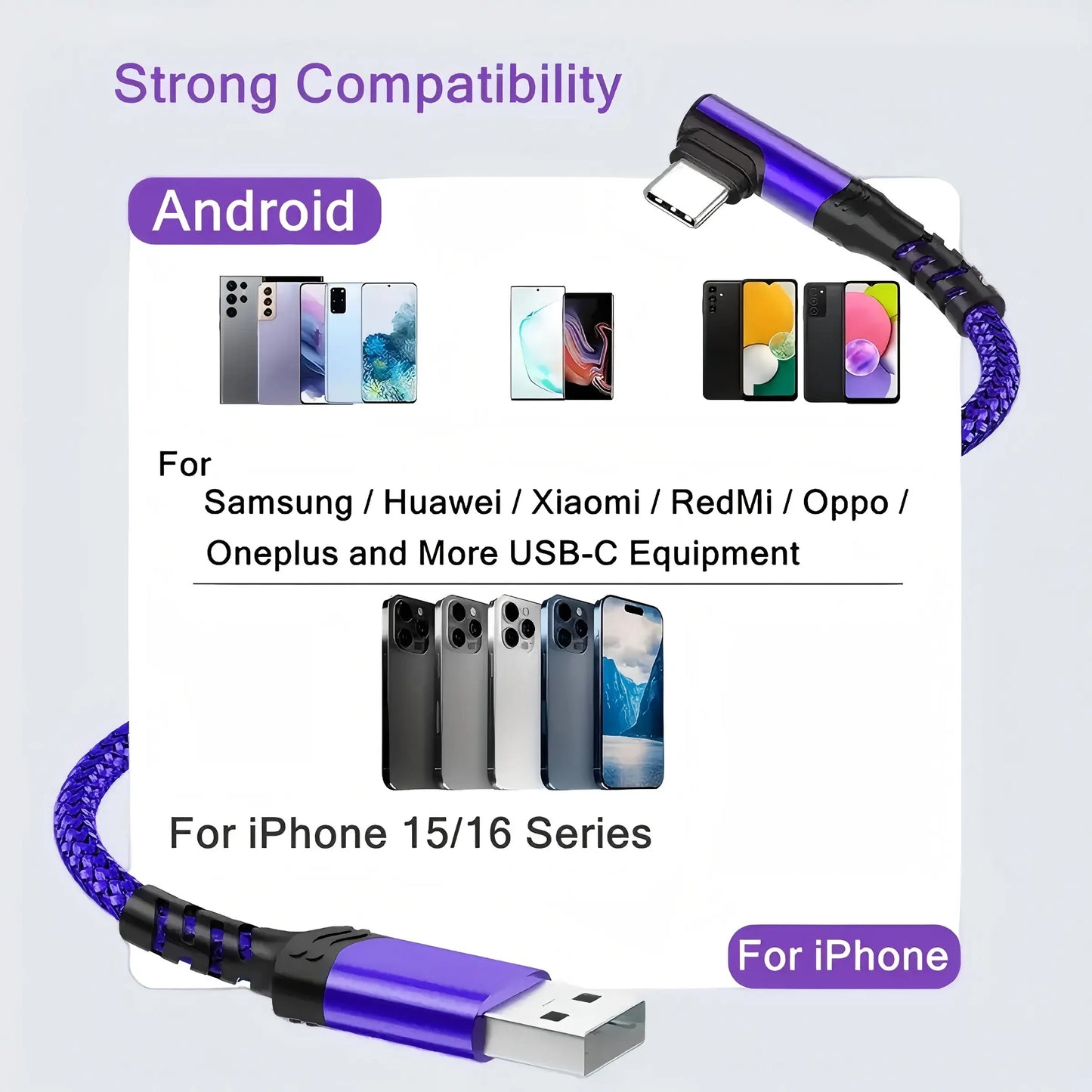 USB-C Cable 90 Degrees, USB a to USB-C Right Angle Design Nylon Braided Durable Fast Charging Cable for Iphone 16 Pro Max, Ipad Air 6, Huawei, Oppo and Xiaomi #GLOBAL PICKS