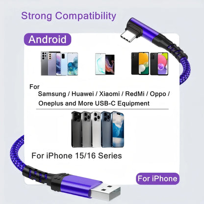 USB-C Cable 90 Degrees, USB a to USB-C Right Angle Design Nylon Braided Durable Fast Charging Cable for Iphone 16 Pro Max, Ipad Air 6, Huawei, Oppo and Xiaomi #GLOBAL PICKS