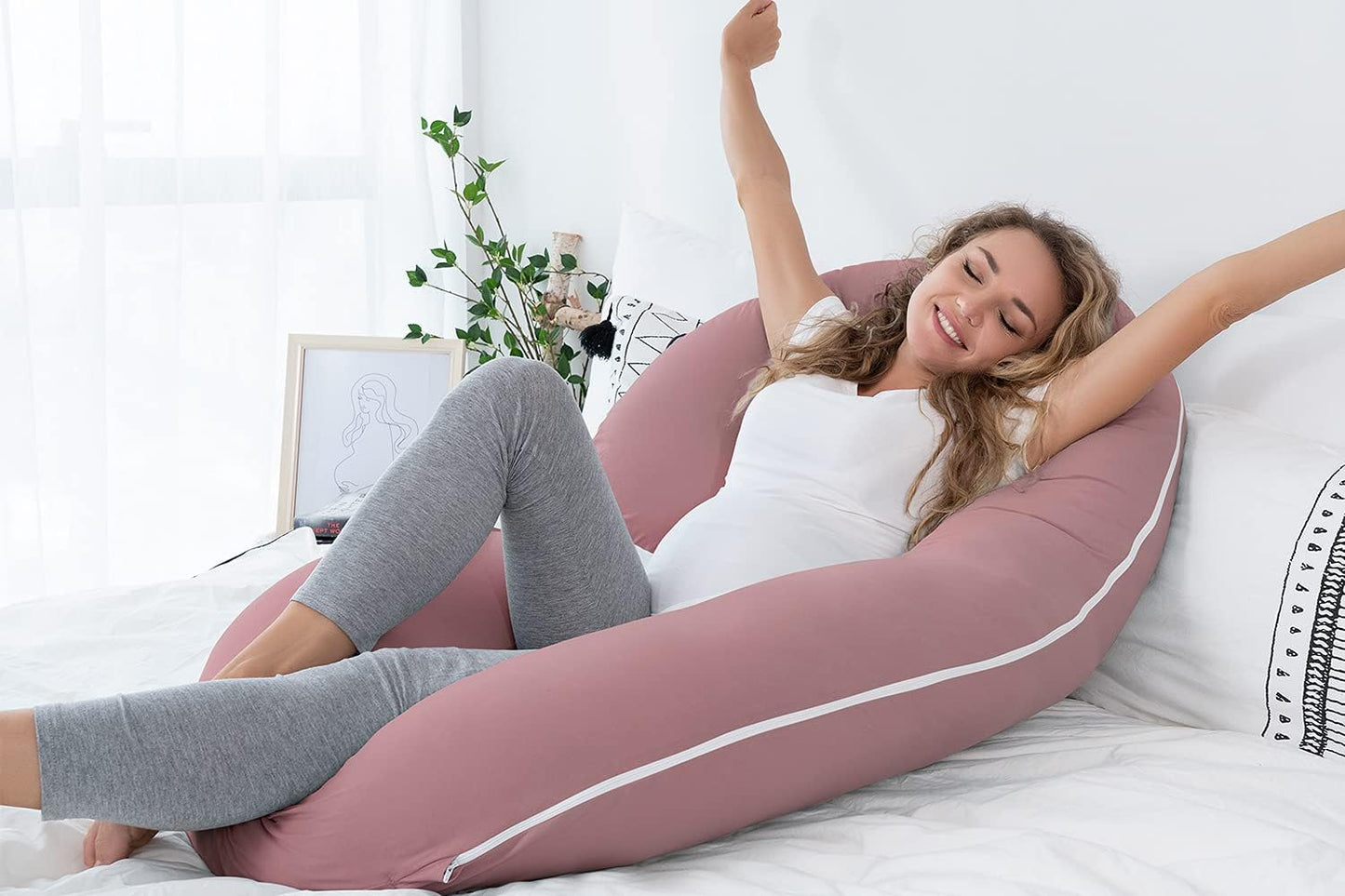 Ultimate Comfort Cooling Pregnancy Pillow - C Shaped Maternity Pillow with Soft Cotton Cover in Dark Pink