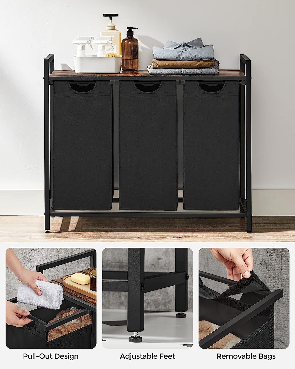 Stylish VASAGLE Laundry Hamper with 3 Removable Bags, Metal Frame & Shelf - 40L Capacity, Ink Black & Rustic Brown