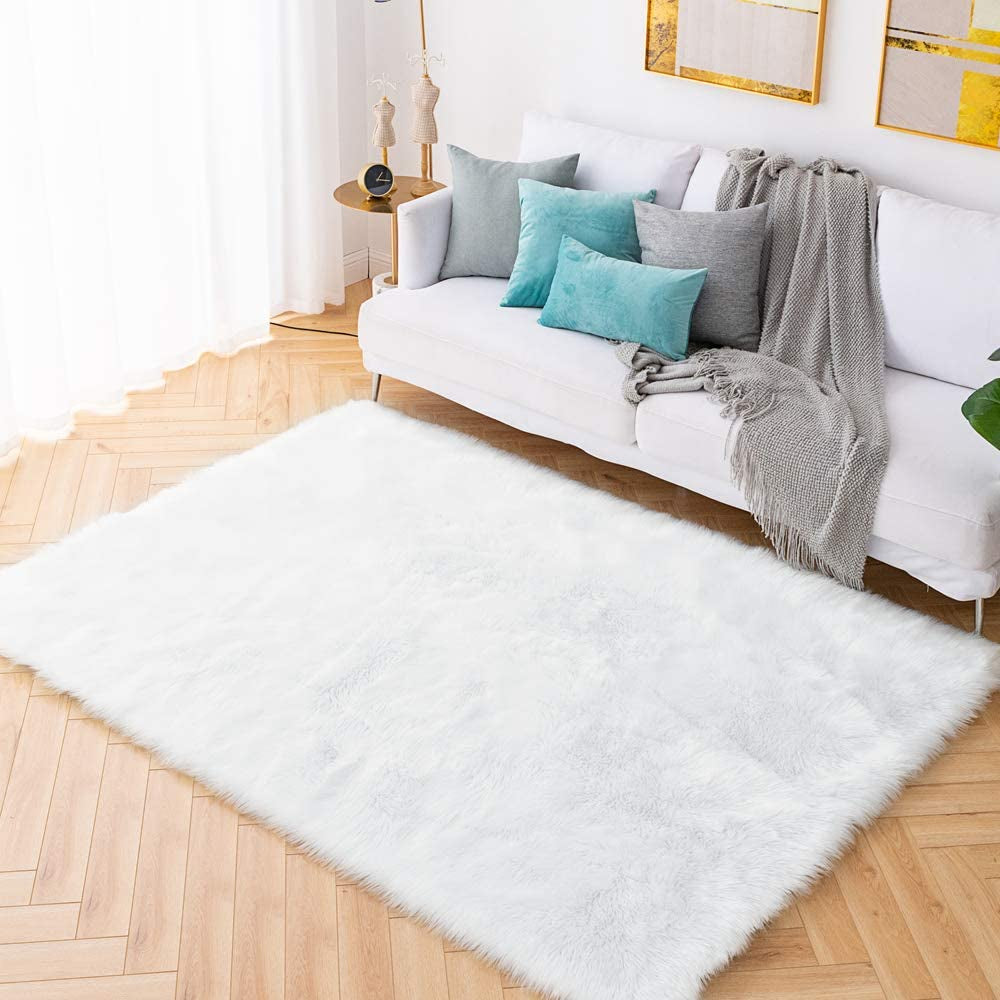 Luxurious 6X9 White Shaggy Faux Sheepskin Area Rug - Soft, Fluffy Non-Slip Carpet for Bedroom, Living Room, and Nursery