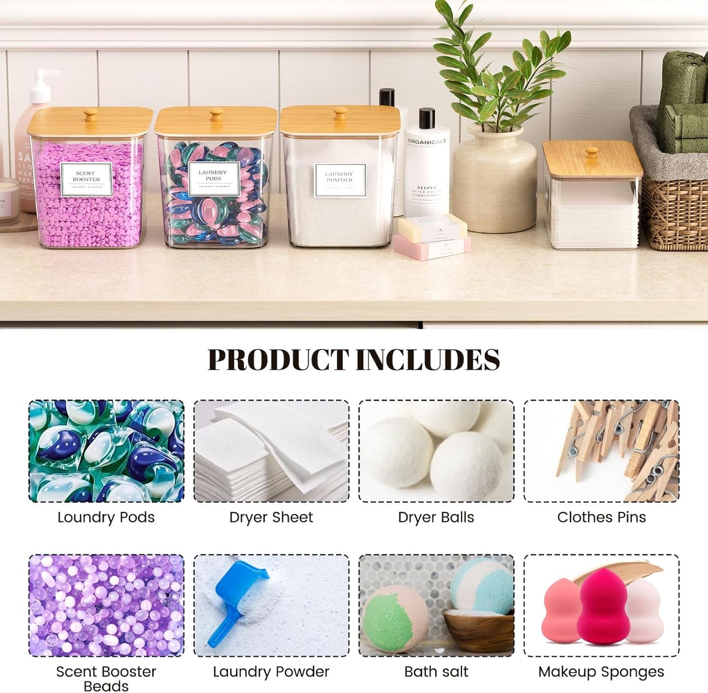 Stylish Laundry Pods Storage Container Set - Clear Organization with Wooden Lids & Labels, 3+1 Pack