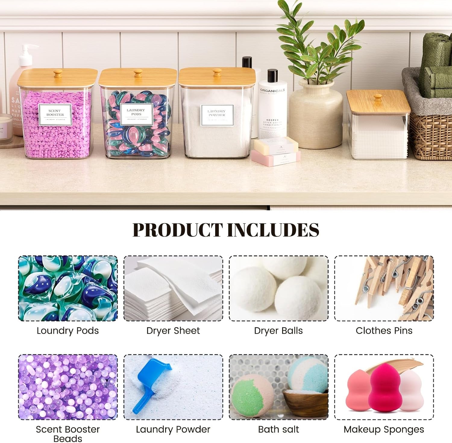 Stylish Laundry Pods Storage Container Set - Clear Organization with Wooden Lids & Labels, 3+1 Pack
