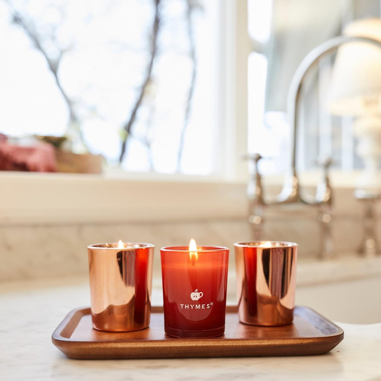Indulge in Luxury with Thymes Aromatic Votive Trio – Set of 3 Scented Candles in Simmered Cider, Infused with Freshly Pressed Apple, Clove & Cardamom – Elegant Red & Rose Gold Design