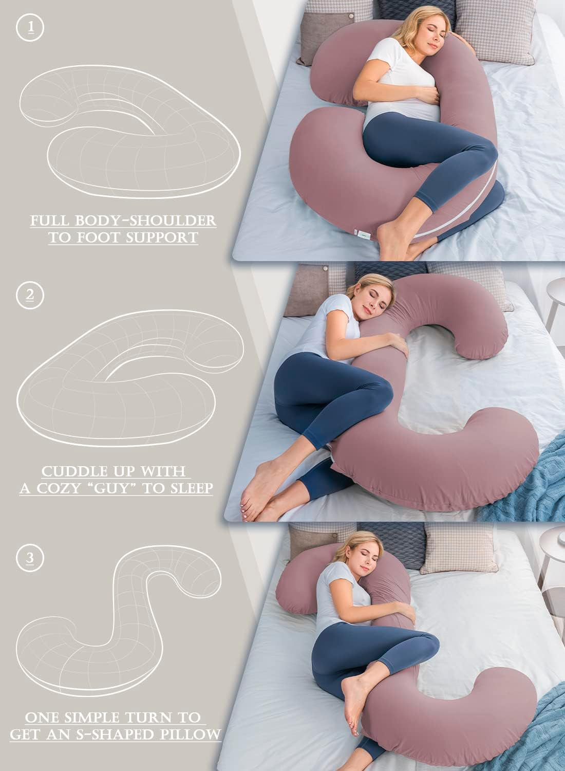Ultimate Comfort Cooling Pregnancy Pillow - C Shaped Maternity Pillow with Soft Cotton Cover in Dark Pink