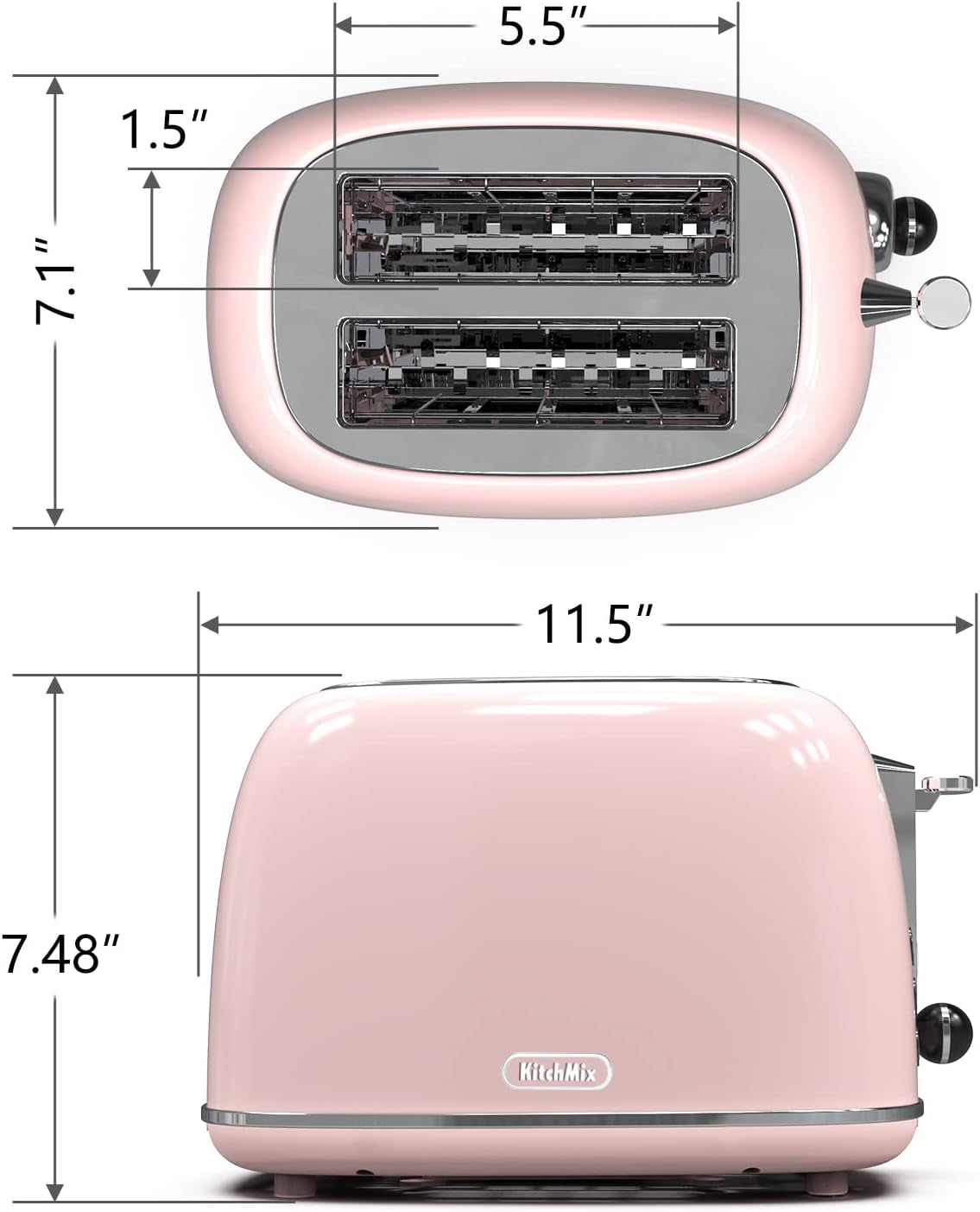 Chic Baby Pink Retro 2-Slice Toaster - 6 Settings, Extra Wide Slots, Bagel/Defrost/Cancel Functions, Removable Crumb Tray