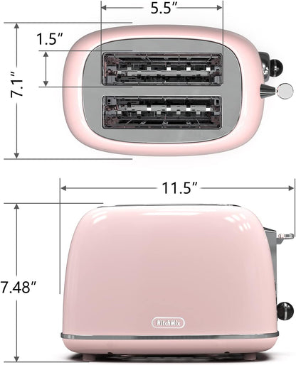 Chic Baby Pink Retro 2-Slice Toaster - 6 Settings, Extra Wide Slots, Bagel/Defrost/Cancel Functions, Removable Crumb Tray