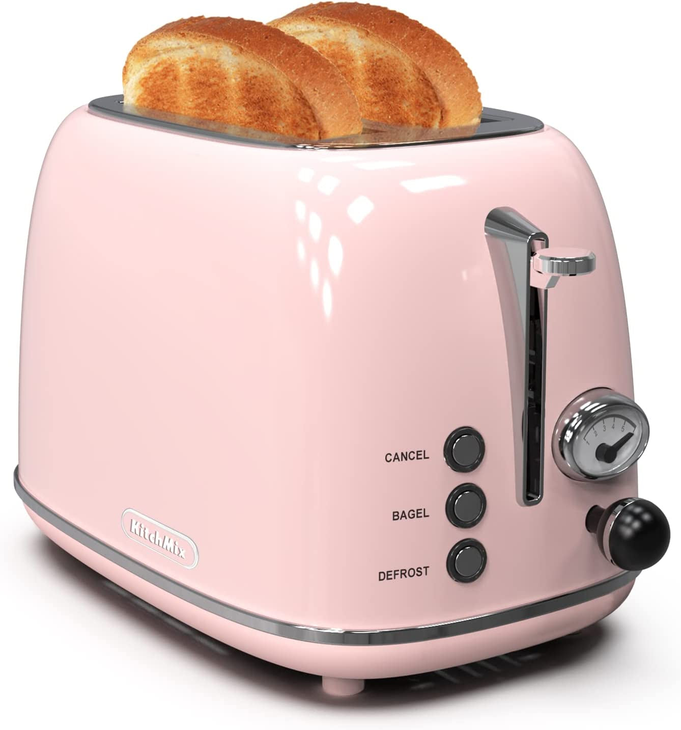 Chic Baby Pink Retro 2-Slice Toaster - 6 Settings, Extra Wide Slots, Bagel/Defrost/Cancel Functions, Removable Crumb Tray