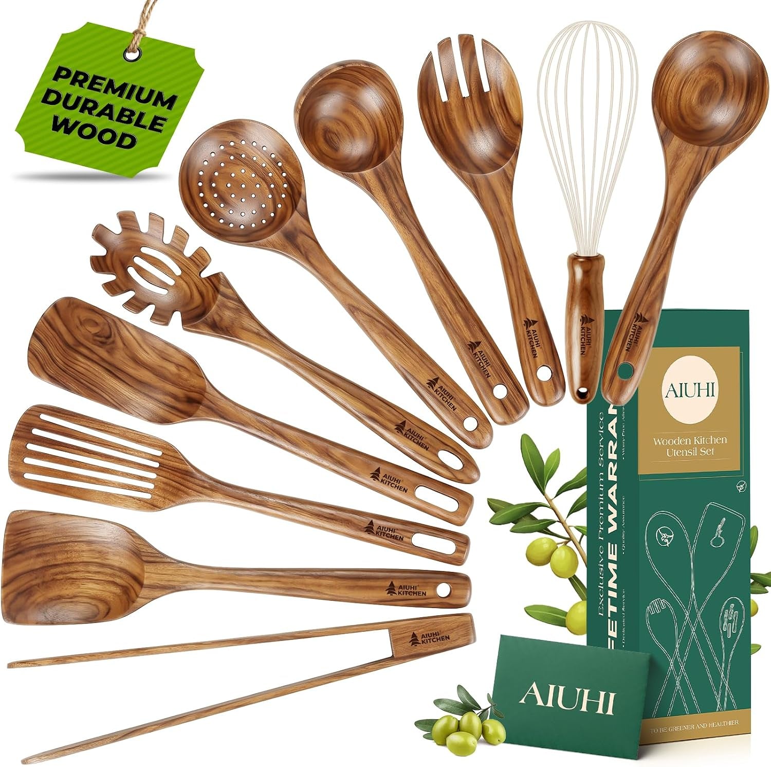Premium 10-Piece Teak Wood Kitchen Utensil Set - Heat-Resistant, Nonstick Cooking Tools Including Spoons, Spatula, Ladle, Tongs, and Egg Whisk