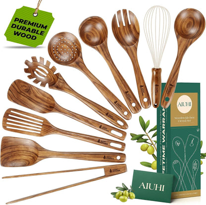 Premium 10-Piece Teak Wood Kitchen Utensil Set - Heat-Resistant, Nonstick Cooking Tools Including Spoons, Spatula, Ladle, Tongs, and Egg Whisk