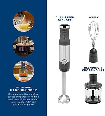 GE Immersion Blender - Versatile Handheld Blender for Smoothies, Shakes & Baby Food with Whisk & Blending Jar, 2-Speed, 500 Watts, Easy Clean Stainless Steel Design