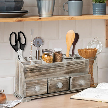 Chic Rustic Vanity Organizer - Wooden Farmhouse Storage Box with 3 Drawers for Makeup & Bathroom Accessories