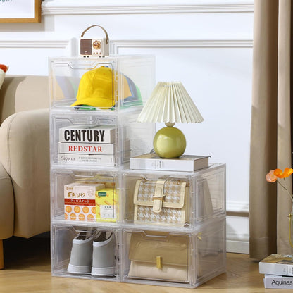 6 Pack Stackable Clear Storage Bins with Lids - 19 Qt Closet Organizers with Magnetic Doors for Clothes, Purses, and Crafts