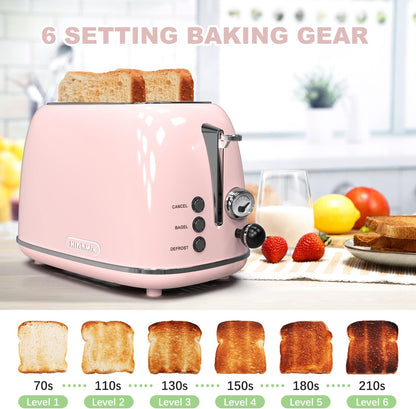 Chic Baby Pink Retro 2-Slice Toaster - 6 Settings, Extra Wide Slots, Bagel/Defrost/Cancel Functions, Removable Crumb Tray
