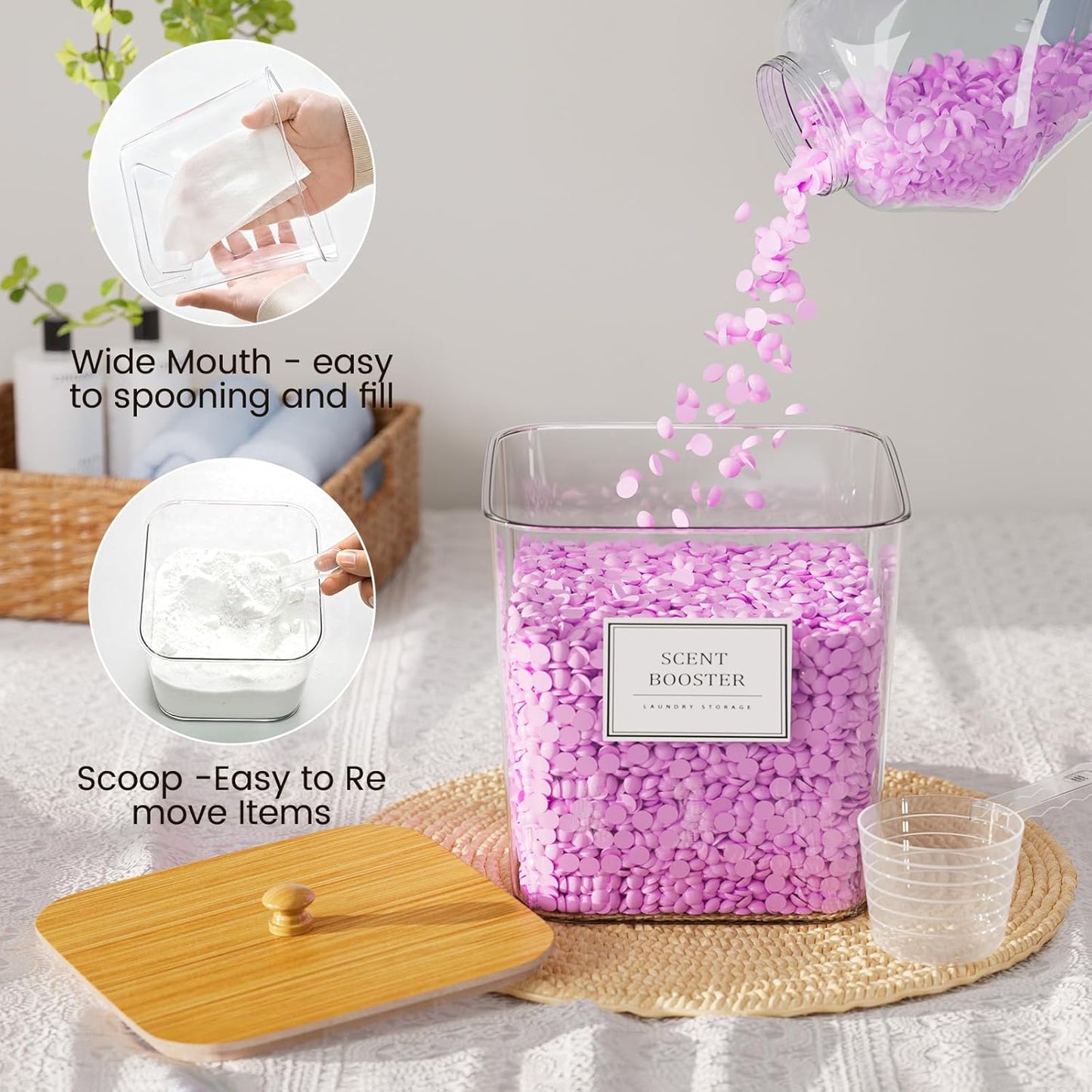 Stylish Laundry Pods Storage Container Set - Clear Organization with Wooden Lids & Labels, 3+1 Pack