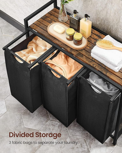 Stylish VASAGLE Laundry Hamper with 3 Removable Bags, Metal Frame & Shelf - 40L Capacity, Ink Black & Rustic Brown