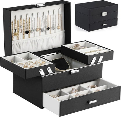 Elegant Black Jewelry Organizer Box - 3 Layers with Drawer & Movable Metal Stand, Perfect Gift for Women & Girls!