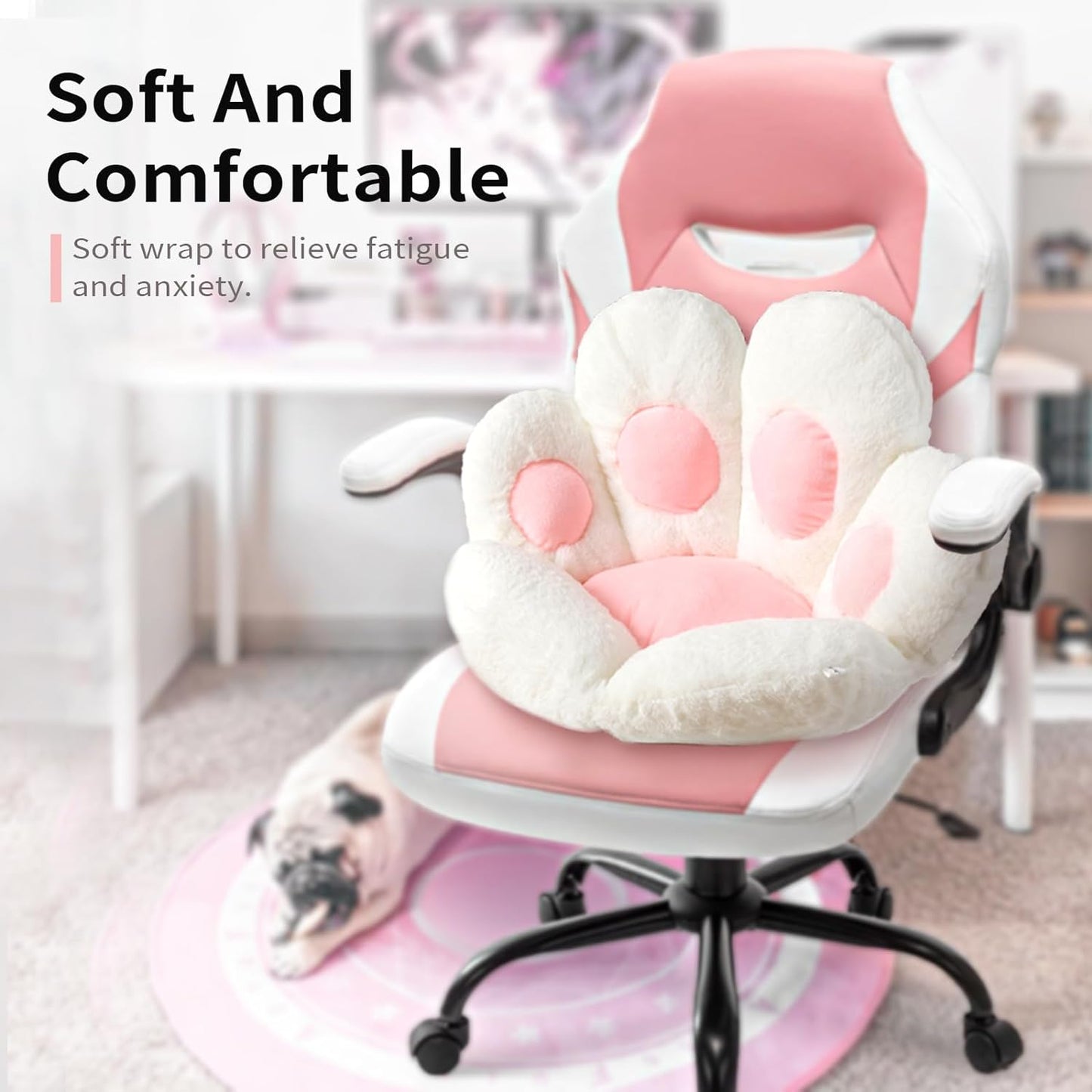 Adorable Cat Paw Cushion - Kawaii 31.4" x 27.5" Comfy Seat Pad for Gaming Chairs, Sofa & Office Decor - Cute White Floor Pillow