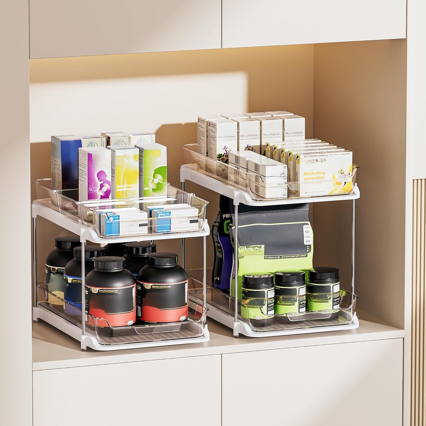 Maximize Your Space with 2-Pack 2-Tier Multi-Purpose Under Sink Organizers - Stackable Kitchen & Bathroom Storage with Pull-Out Design and Adjustable Dividers, White