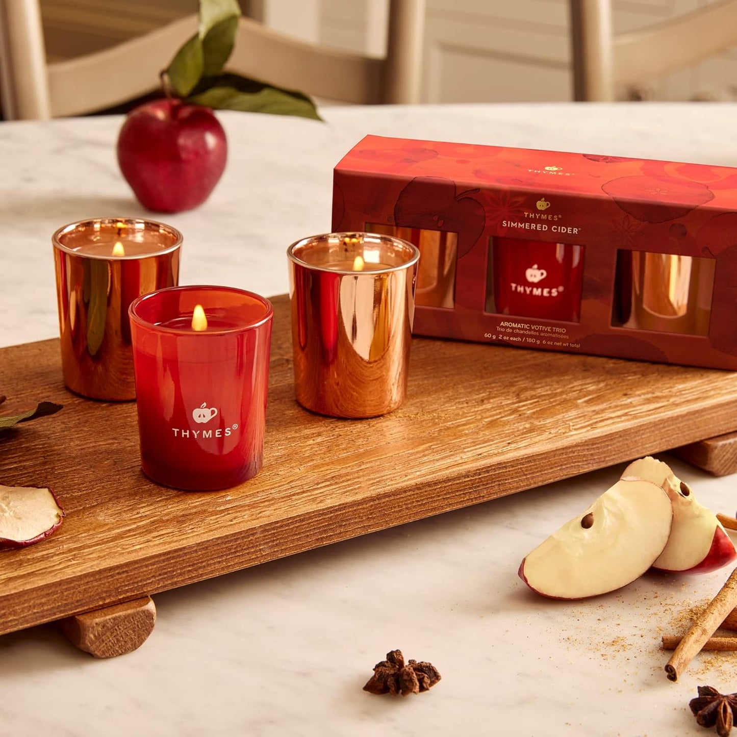 Indulge in Luxury with Thymes Aromatic Votive Trio – Set of 3 Scented Candles in Simmered Cider, Infused with Freshly Pressed Apple, Clove & Cardamom – Elegant Red & Rose Gold Design