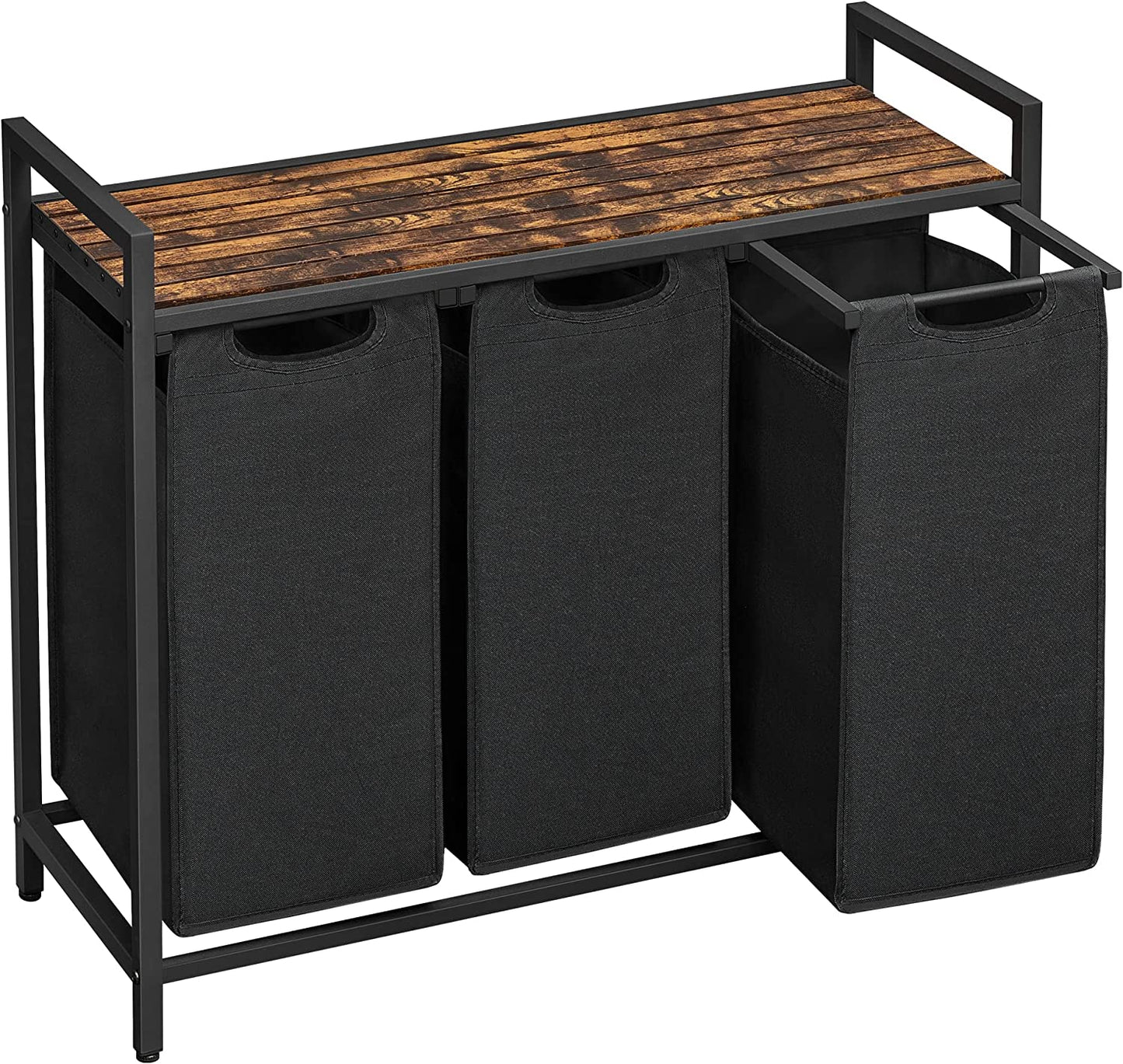 Stylish VASAGLE Laundry Hamper with 3 Removable Bags, Metal Frame & Shelf - 40L Capacity, Ink Black & Rustic Brown
