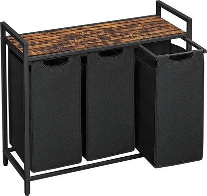 Stylish VASAGLE Laundry Hamper with 3 Removable Bags, Metal Frame & Shelf - 40L Capacity, Ink Black & Rustic Brown