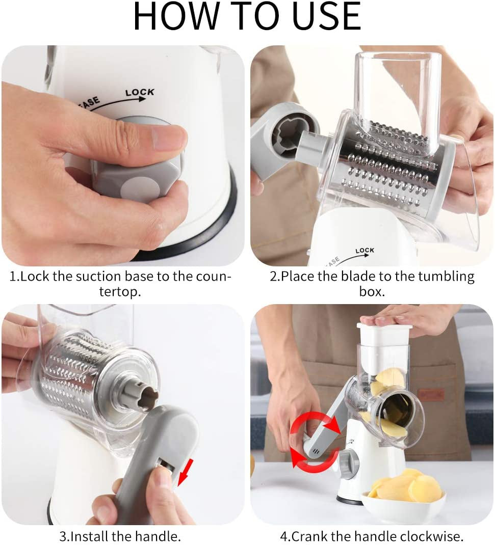 Premium Rotary Cheese Grater - Hand Crank Shredder with Non-Slip Suction Base & 3 Blades for Fresh Cheese, Vegetables, and Nuts - Sleek White Design