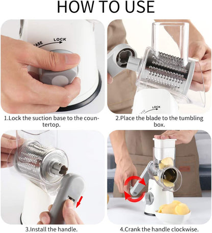 Premium Rotary Cheese Grater - Hand Crank Shredder with Non-Slip Suction Base & 3 Blades for Fresh Cheese, Vegetables, and Nuts - Sleek White Design