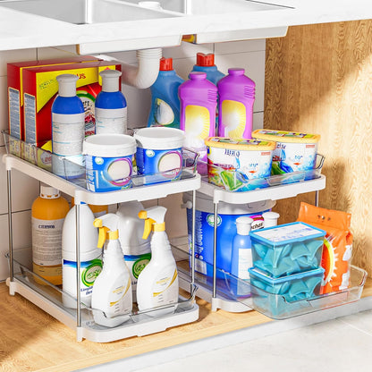 Maximize Your Space with 2-Pack 2-Tier Multi-Purpose Under Sink Organizers - Stackable Kitchen & Bathroom Storage with Pull-Out Design and Adjustable Dividers, White