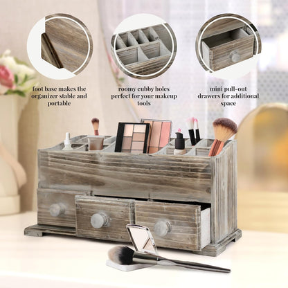 Chic Rustic Vanity Organizer - Wooden Farmhouse Storage Box with 3 Drawers for Makeup & Bathroom Accessories