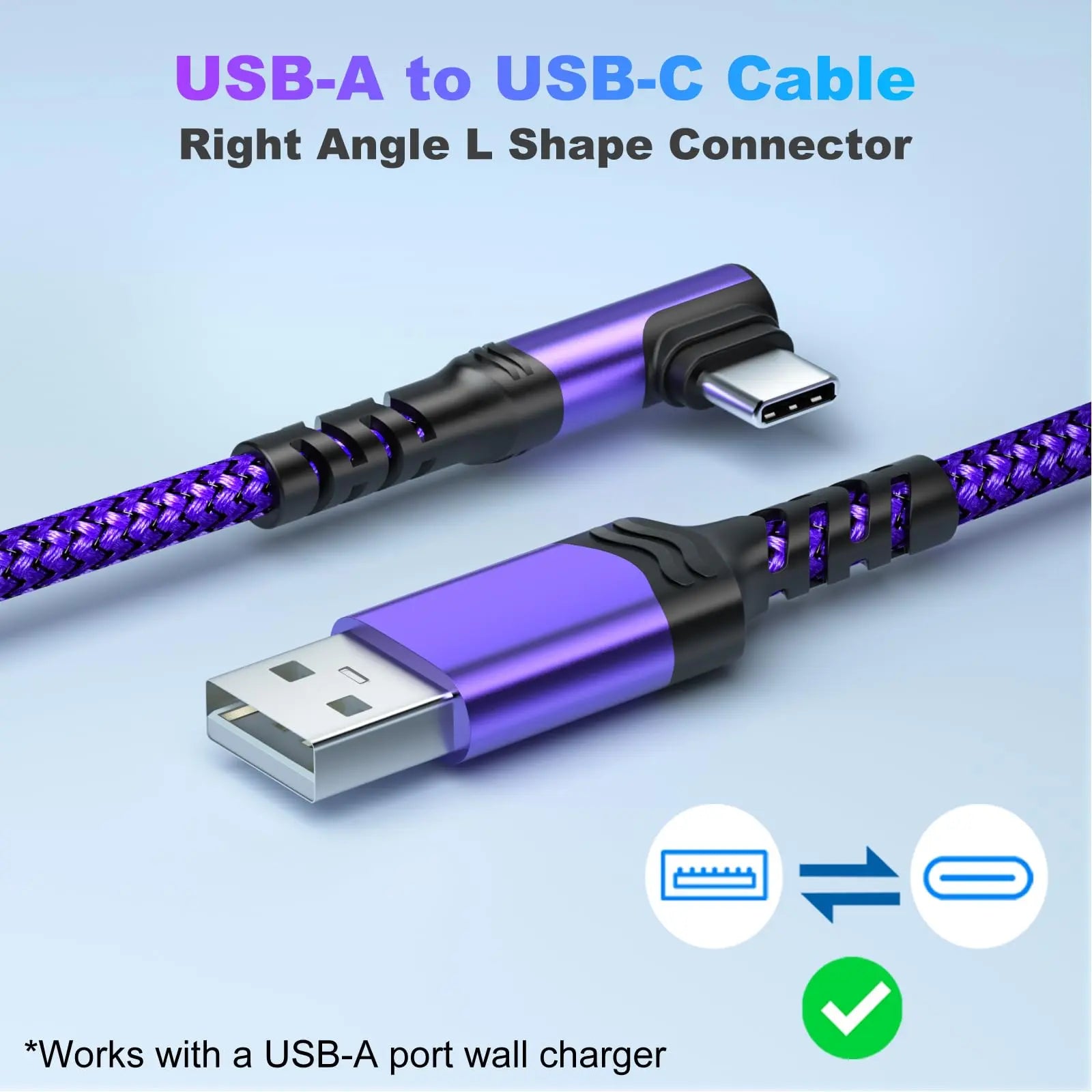 USB-C Cable 90 Degrees, USB a to USB-C Right Angle Design Nylon Braided Durable Fast Charging Cable for Iphone 16 Pro Max, Ipad Air 6, Huawei, Oppo and Xiaomi #GLOBAL PICKS