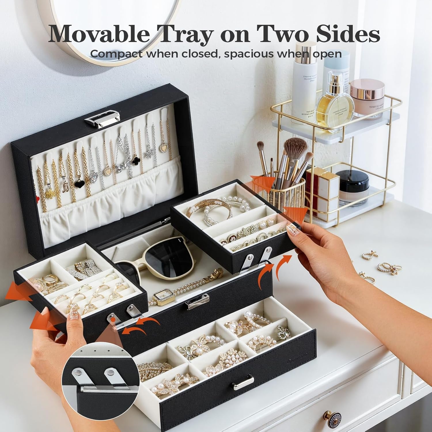 Elegant Black Jewelry Organizer Box - 3 Layers with Drawer & Movable Metal Stand, Perfect Gift for Women & Girls!