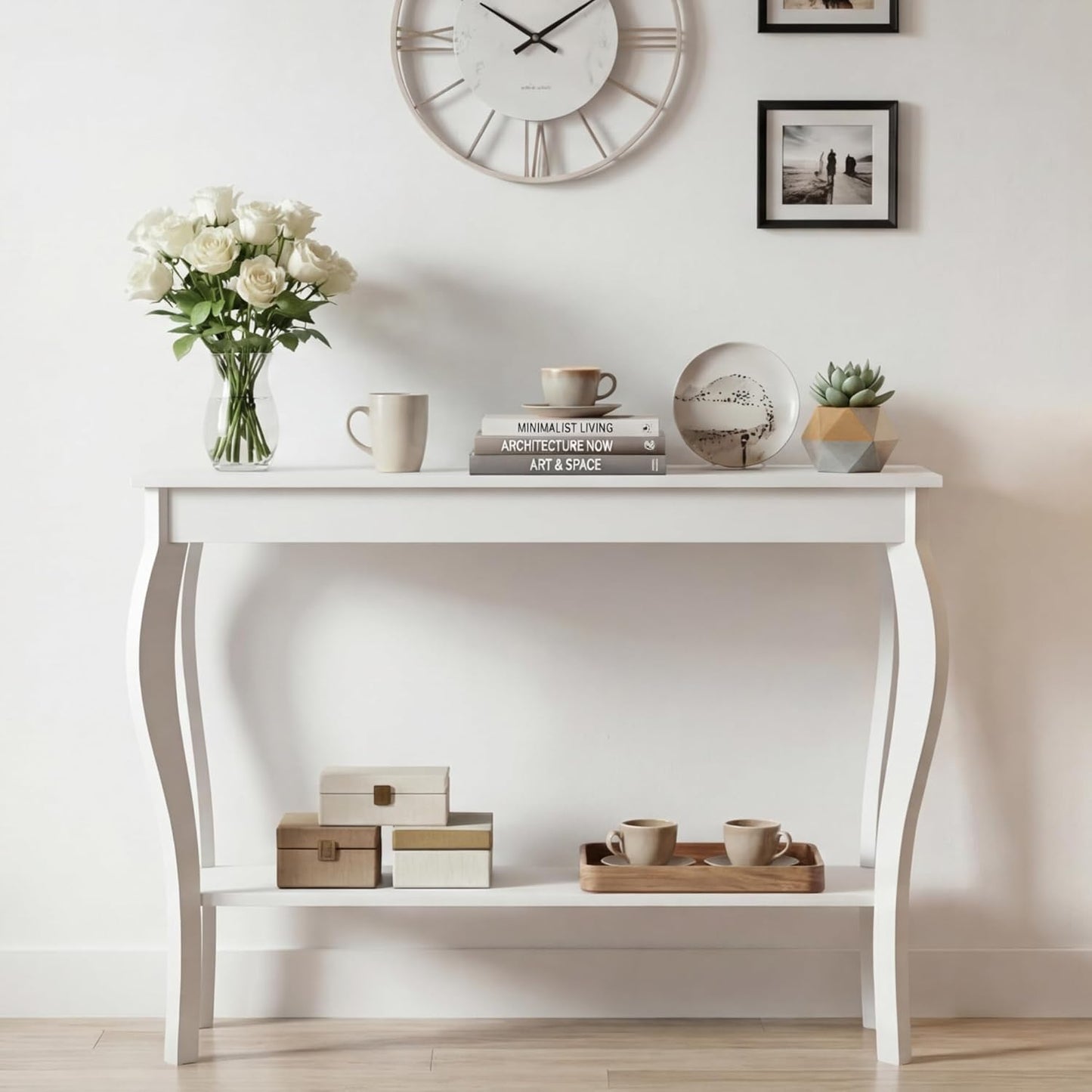 Elegant 39" White Narrow Entryway Table with Storage Shelf - Chic Console Table with Curved Legs for Living Room, Hallway, and Entryway