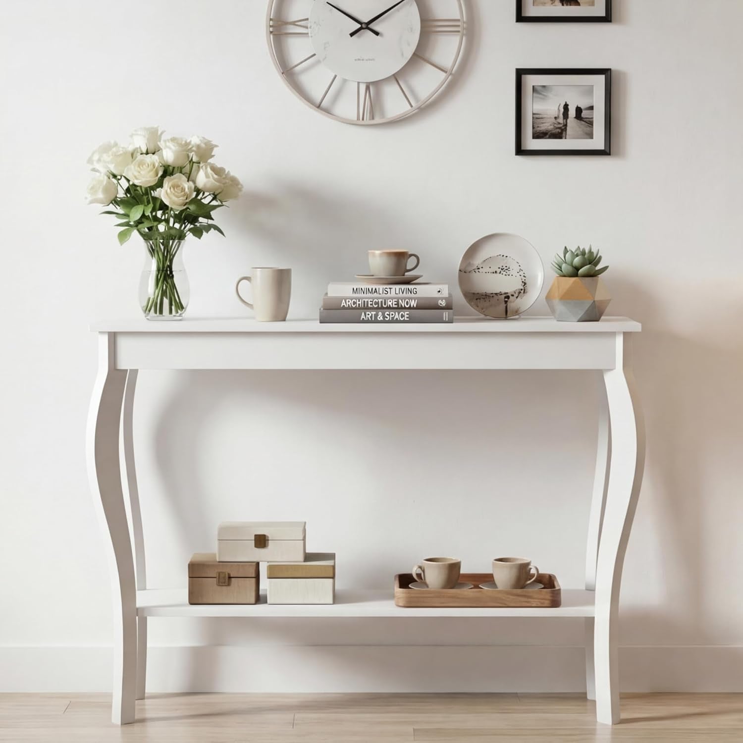 Elegant 39" White Narrow Entryway Table with Storage Shelf - Chic Console Table with Curved Legs for Living Room, Hallway, and Entryway