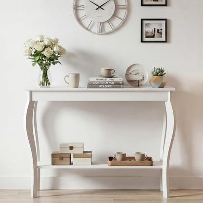 Elegant 39" White Narrow Entryway Table with Storage Shelf - Chic Console Table with Curved Legs for Living Room, Hallway, and Entryway