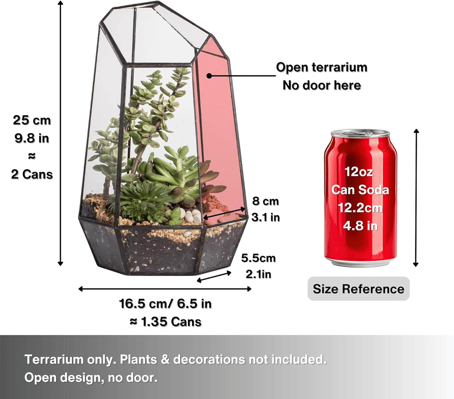 Stylish No-Door Geometric Glass Terrarium Planter for Succulents & Cacti - Irregular Black Open Design, Perfect Indoor Tabletop Decor (6.5" x 5.7" x 9.8") - No Plants Included